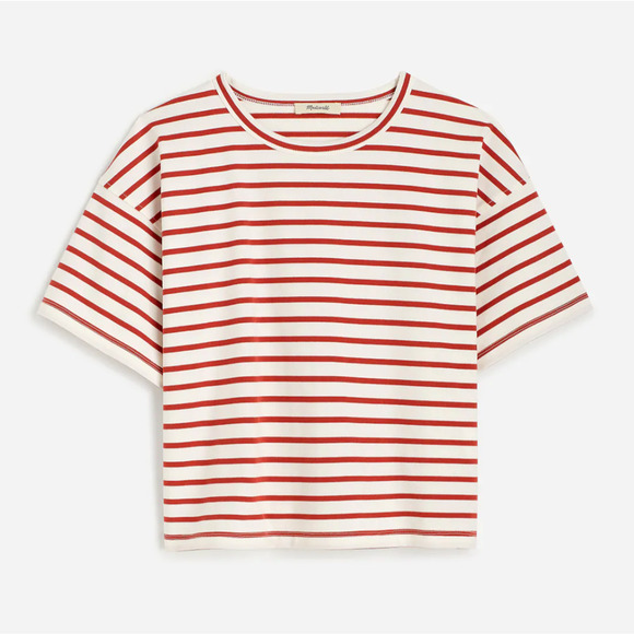 Madewell | NWT Everyday Boxy Crop Tee in Stripe Red White | Sz S - Picture 1 of 9